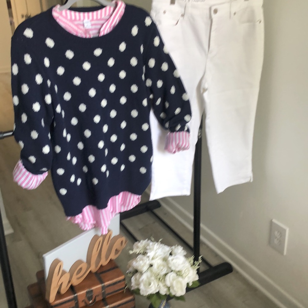 Faded Glory sweater Navy Blue White Polka Dot